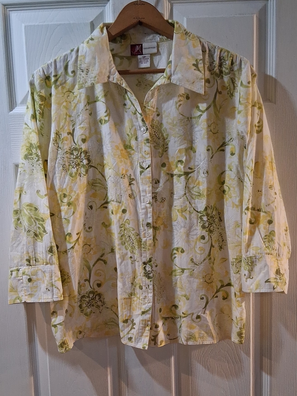 JM Collection White Button-Up Shirt with Yellow & Green Floral Print